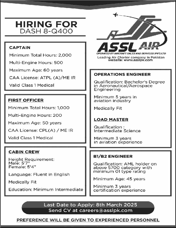 <img data-src="assl-air-pakistan.jpg" alt="ASSL Air Pakistan Jobs 2025 - Captain, Cabin Crew & Others Apply Now">